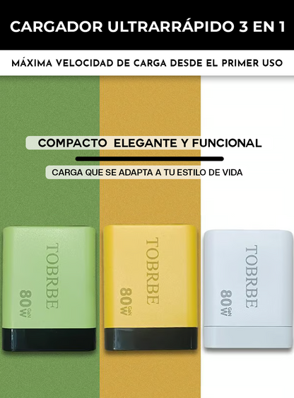 CARGADOR ULTRARRÁPIDO 3 EN 1 - 80W PARA ANDROID & IPHONE | TECNOLOGÍA GAN