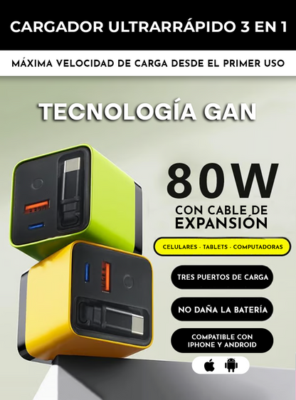 CARGADOR ULTRARRÁPIDO 3 EN 1 - 80W PARA ANDROID & IPHONE | TECNOLOGÍA GAN