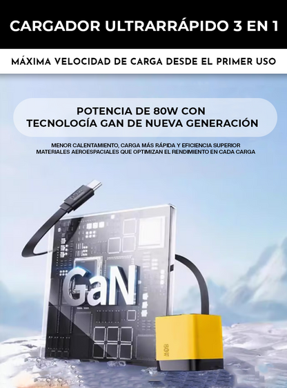 CARGADOR ULTRARRÁPIDO 3 EN 1 - 80W PARA ANDROID & IPHONE | TECNOLOGÍA GAN