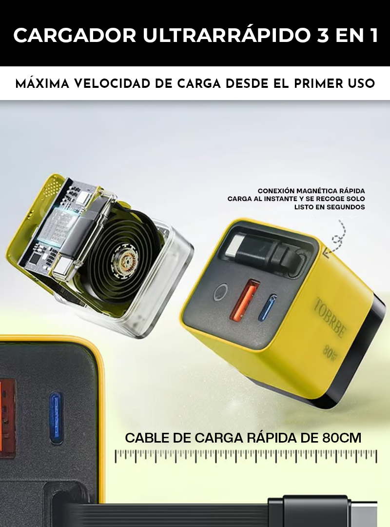 CARGADOR ULTRARRÁPIDO 3 EN 1 - 80W PARA ANDROID & IPHONE | TECNOLOGÍA GAN