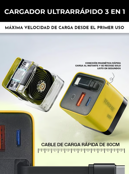 CARGADOR ULTRARRÁPIDO 3 EN 1 - 80W PARA ANDROID & IPHONE | TECNOLOGÍA GAN